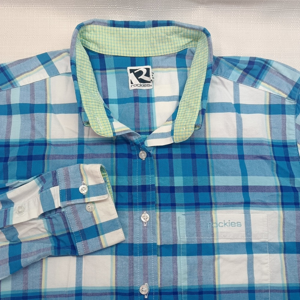 Rockies Blue Plaid Western Mens XL Button Up Shirt Cotton Pocket‎